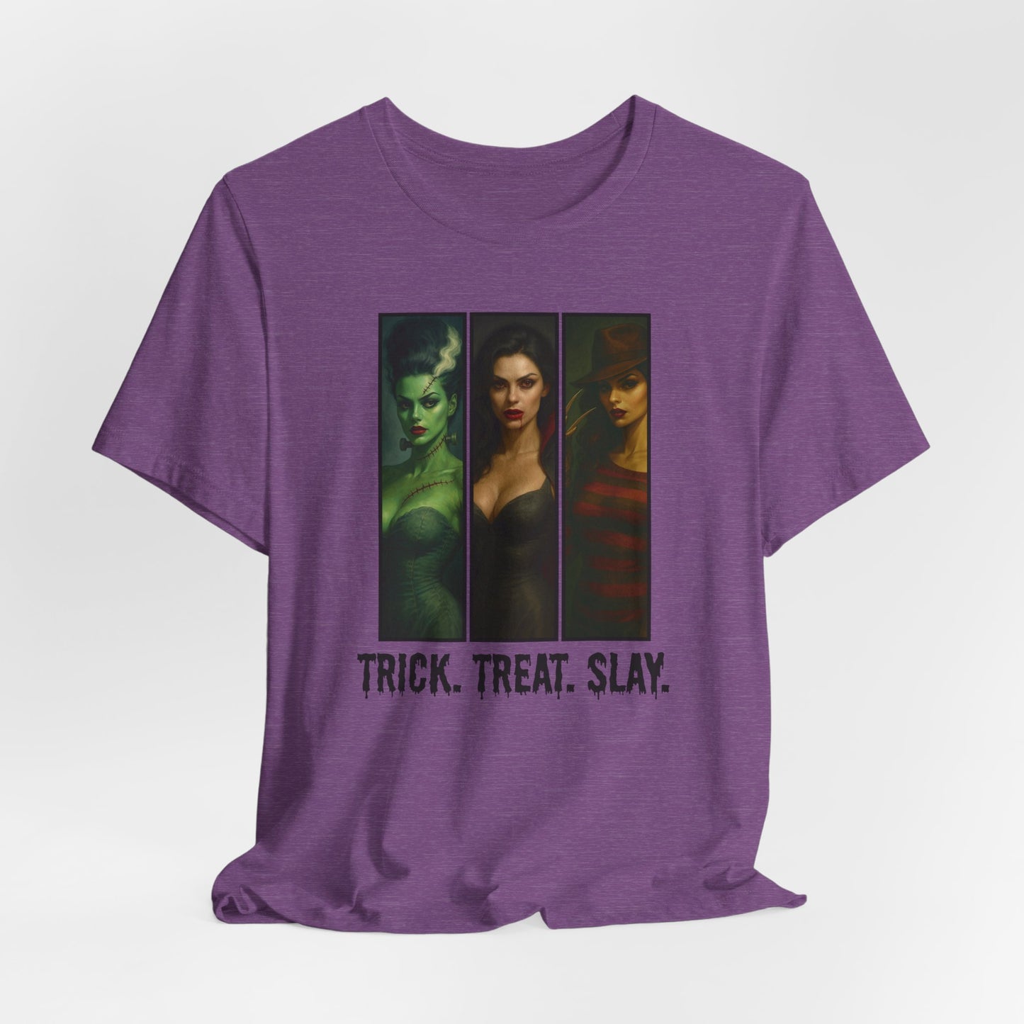 Trick. Treat. Slay. Halloween Shirt β Sexy Horror Icons Tee | Spooky Baddie T-Shirt | Bride, Vampire, Freddy-Inspired | Scary Hot Costume