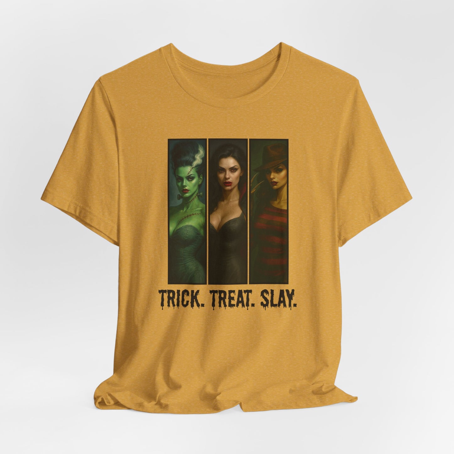 Trick. Treat. Slay. Halloween Shirt β Sexy Horror Icons Tee | Spooky Baddie T-Shirt | Bride, Vampire, Freddy-Inspired | Scary Hot Costume