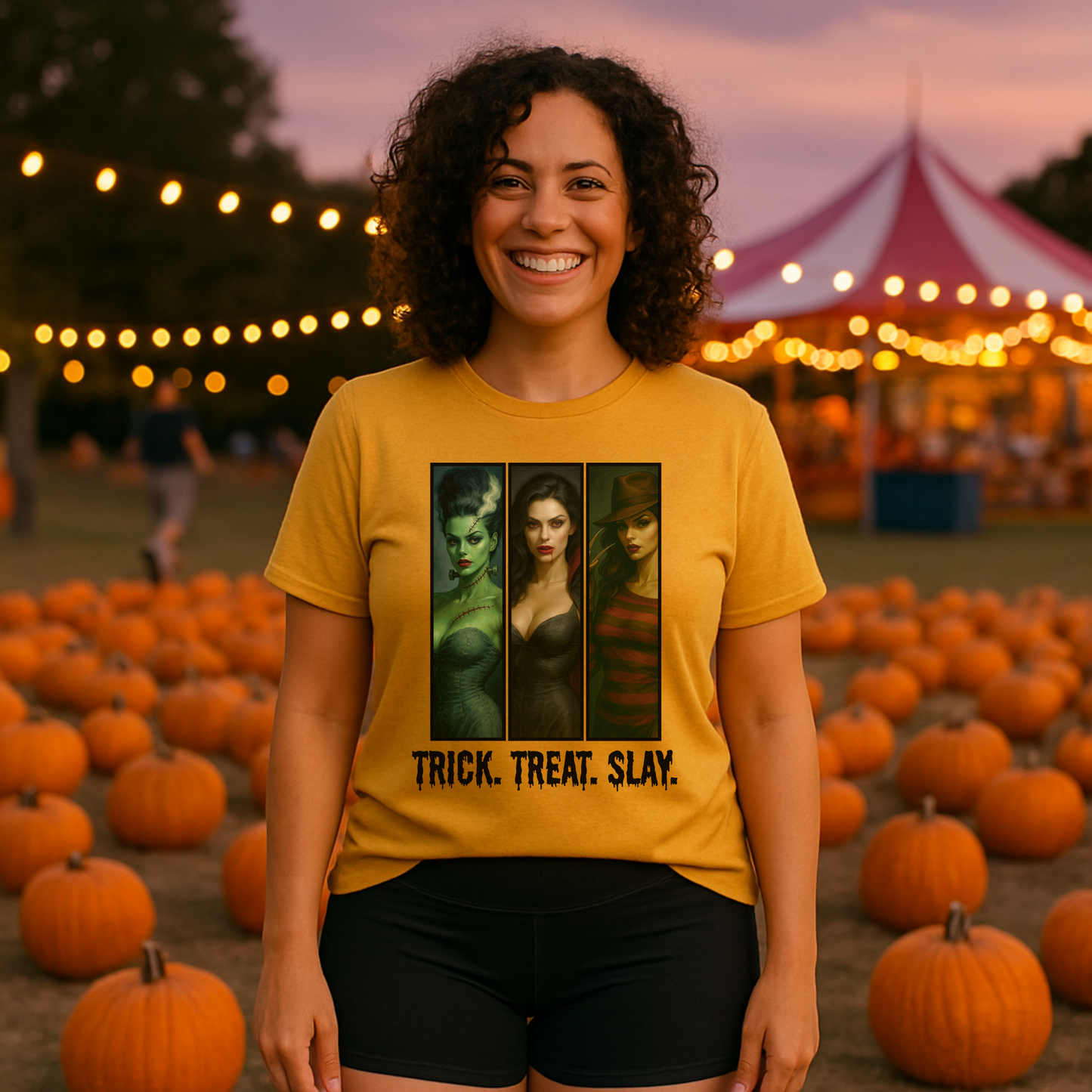 Trick. Treat. Slay. Halloween Shirt β Sexy Horror Icons Tee | Spooky Baddie T-Shirt | Bride, Vampire, Freddy-Inspired | Scary Hot Costume