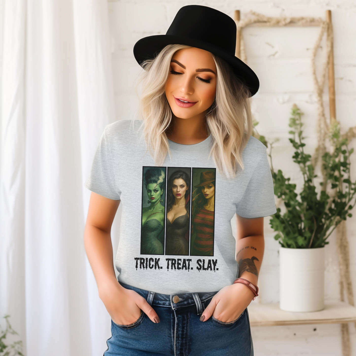 Trick. Treat. Slay. Halloween Shirt β Sexy Horror Icons Tee | Spooky Baddie T-Shirt | Bride, Vampire, Freddy-Inspired | Scary Hot Costume
