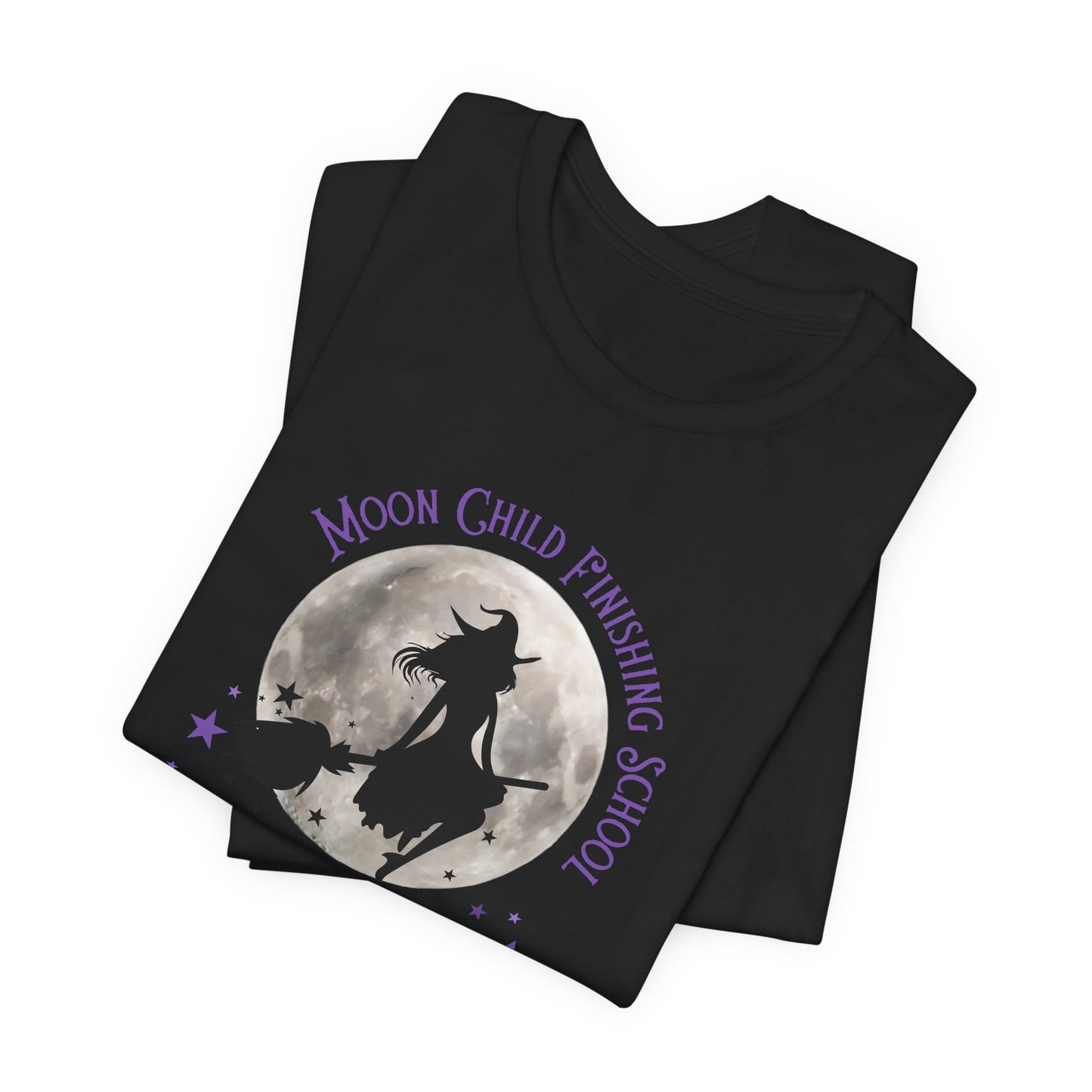 Moon Child Finishing School Est. 1692 | Cute Witchcore Broomstick T-Shirt for Spiritual Babes
