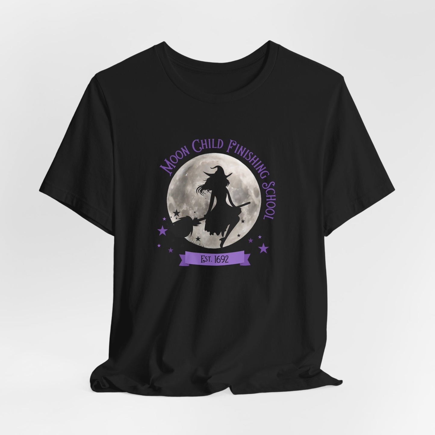 Moon Child Finishing School Est. 1692 | Cute Witchcore Broomstick T-Shirt for Spiritual Babes