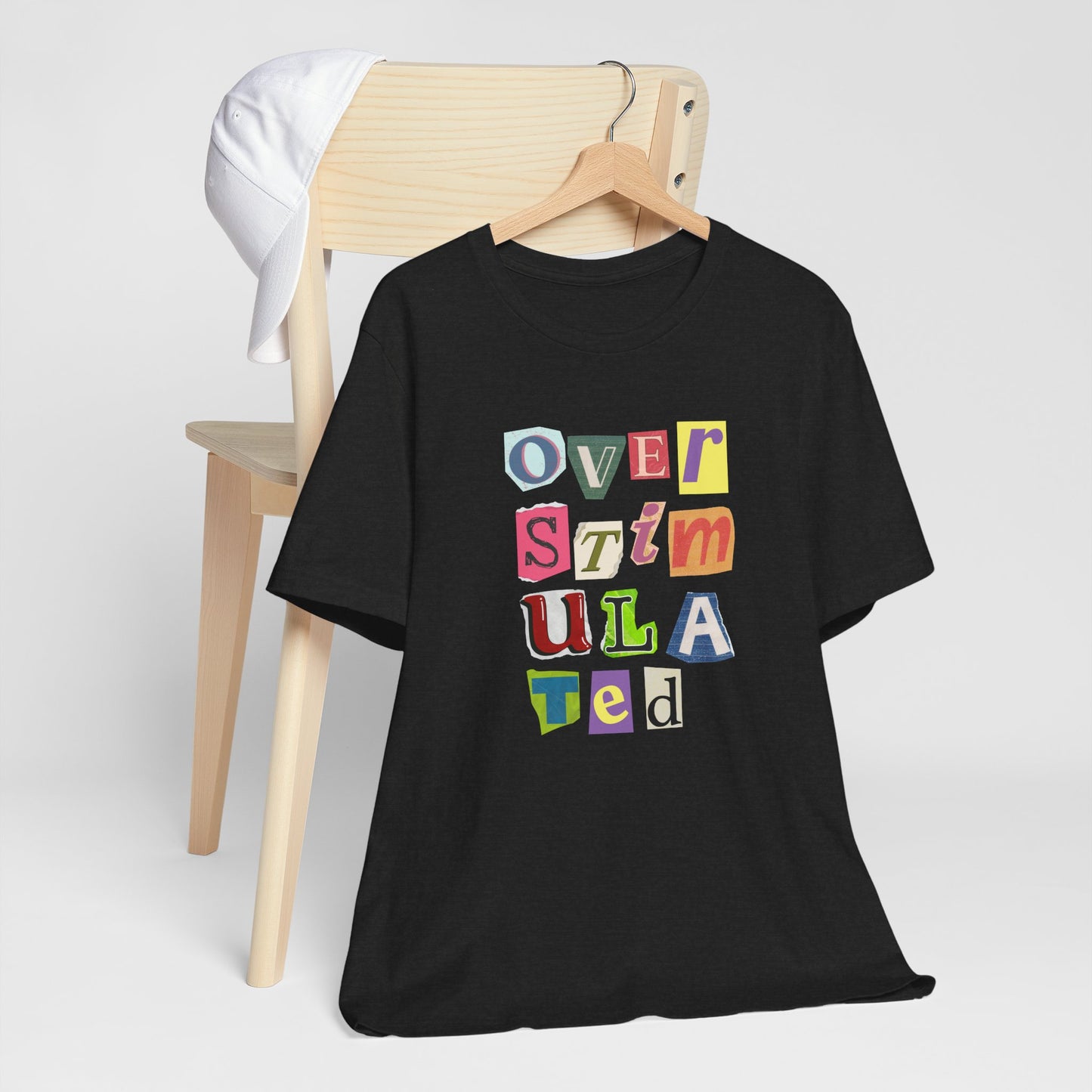 Overstimulated Graphic T-Shirt with Magazine Cutout Lettering, Statement Shirt