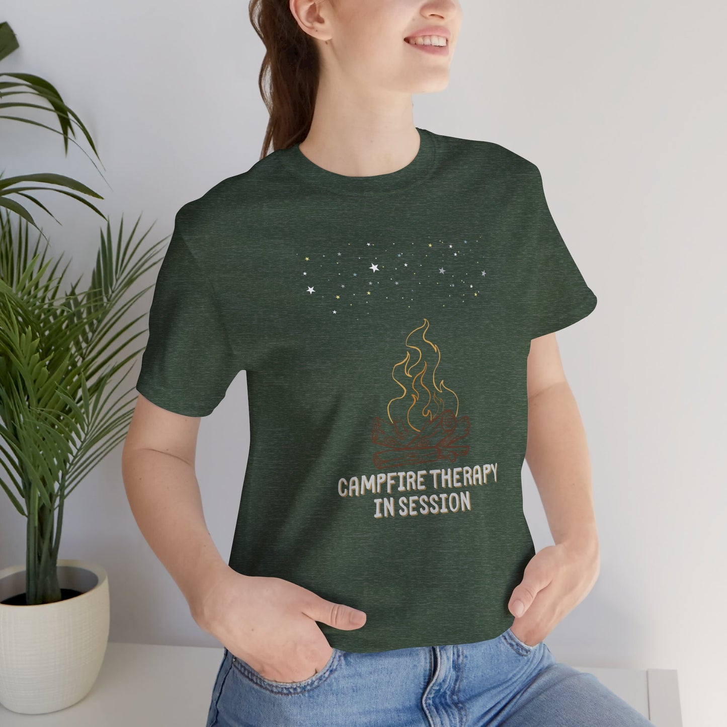 Campfire Therapy in Session T-Shirt – Funny Camping Shirt, Outdoorsy Gift, Campfire Under Stars Tee, Boho Nature Lover Shirt, Cabin Life Tee