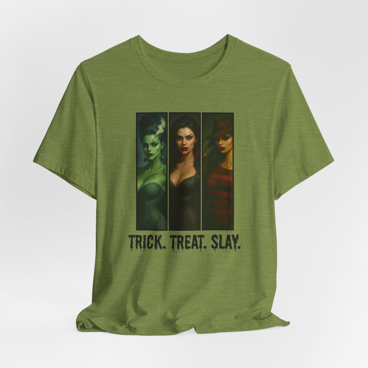 Trick. Treat. Slay. Halloween Shirt – Sexy Horror Icons Tee | Spooky Baddie T-Shirt | Bride, Vampire, Freddy-Inspired | Scary Hot Costume