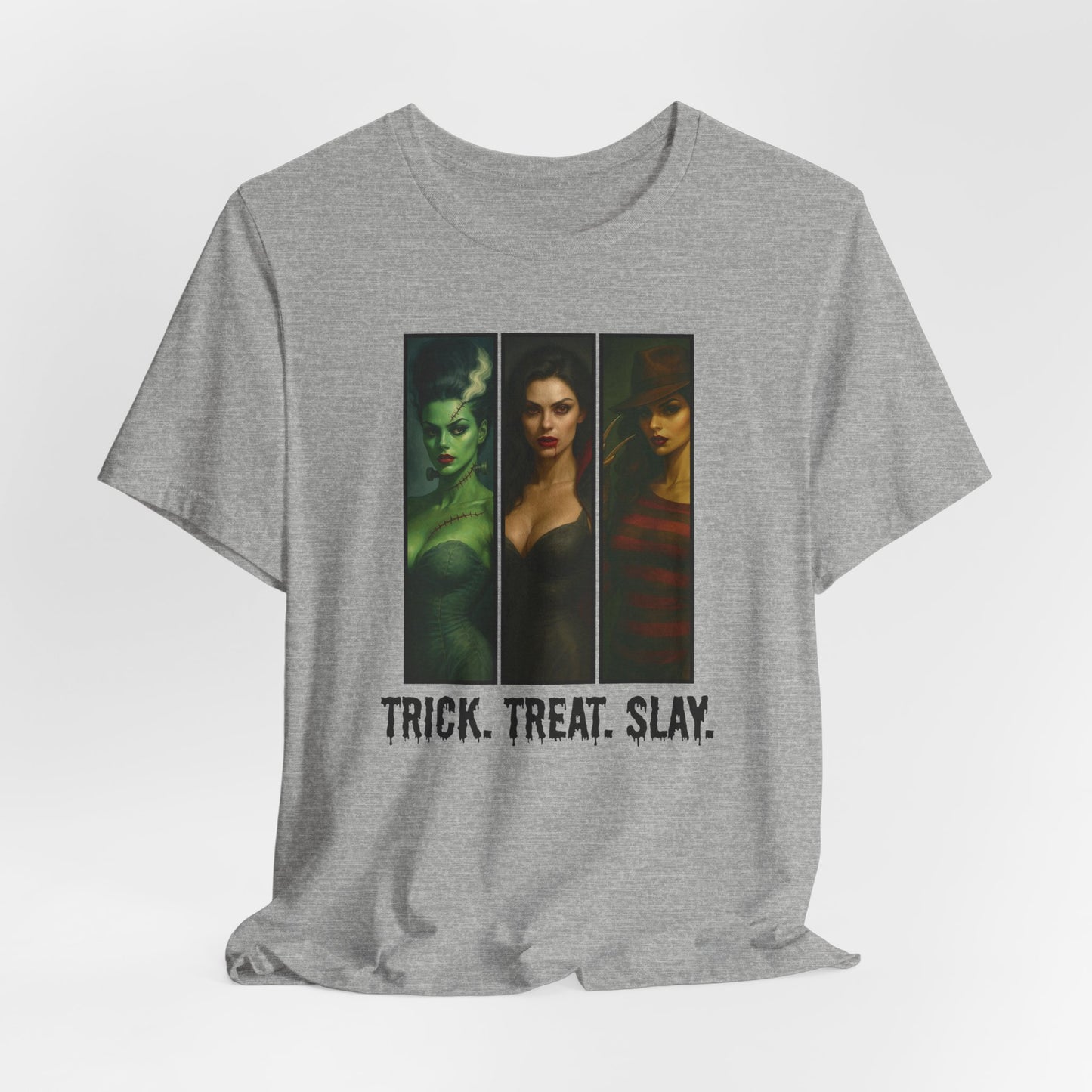Trick. Treat. Slay. Halloween Shirt – Sexy Horror Icons Tee | Spooky Baddie T-Shirt | Bride, Vampire, Freddy-Inspired | Scary Hot Costume