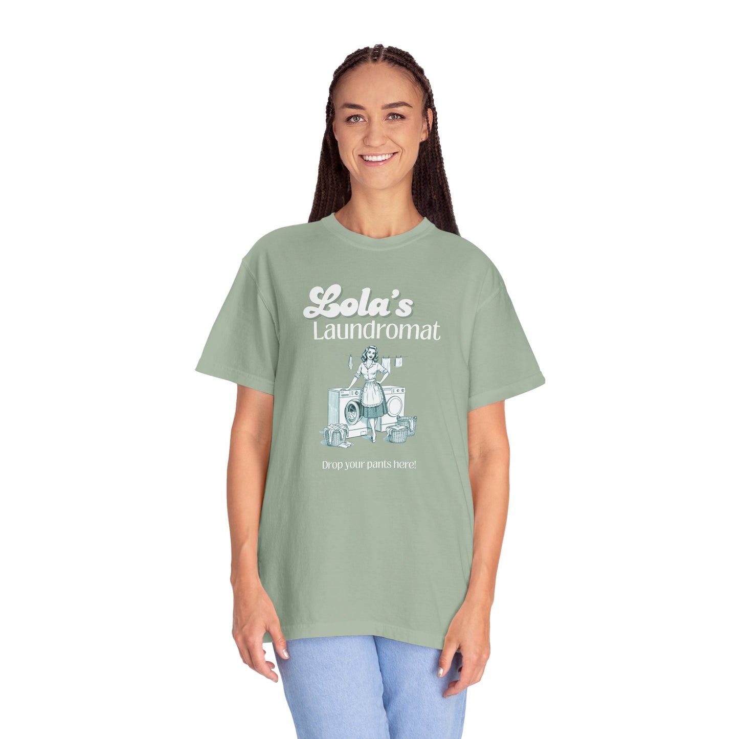 Lola’s Laundromat Tee – Drop Your Pants Here, Retro Laundry Pin-Up Shirt