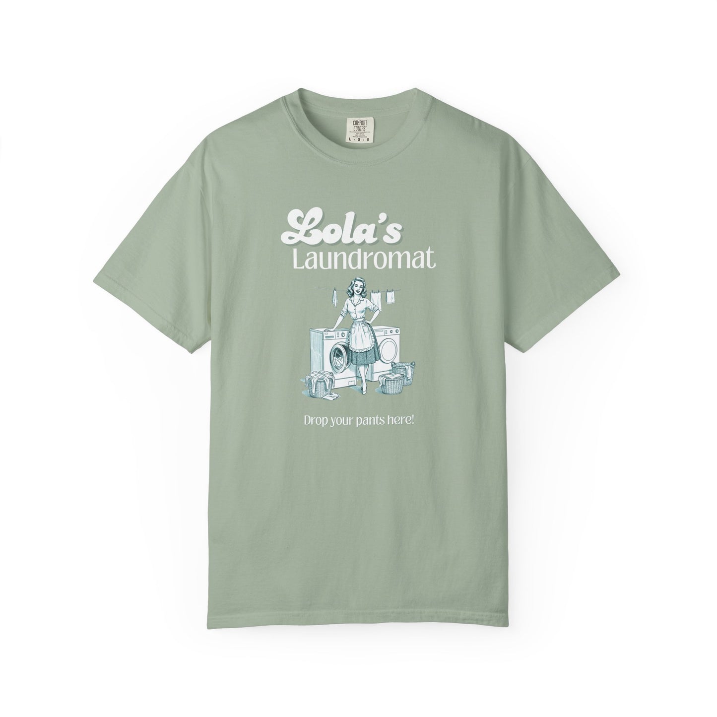 Lola’s Laundromat Tee – Drop Your Pants Here, Retro Laundry Pin-Up Shirt