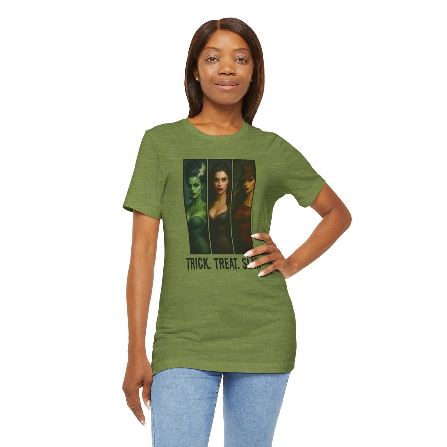 Trick. Treat. Slay. Halloween Shirt – Sexy Horror Icons Tee | Spooky Baddie T-Shirt | Bride, Vampire, Freddy-Inspired | Scary Hot Costume