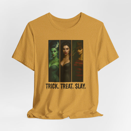 Trick. Treat. Slay. Halloween Shirt – Sexy Horror Icons Tee | Spooky Baddie T-Shirt | Bride, Vampire, Freddy-Inspired | Scary Hot Costume