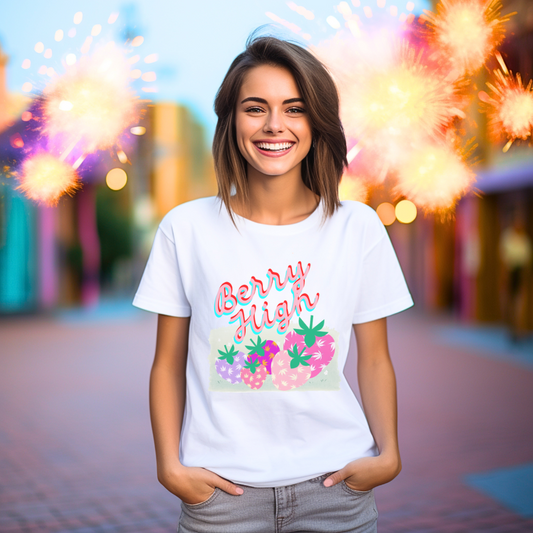 Berry High Strawberry Cannabis T-Shirt – Cute Stoner Girl Weed Tee for Women | Funny 420 Graphic Shirt