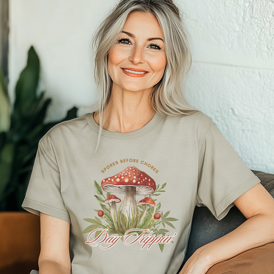 Day Trippin' Tee - Spores Before Chores - Mushroom Vibe, Unisex Short Sleeve Shirt, Summer Outfits, Festival Wear