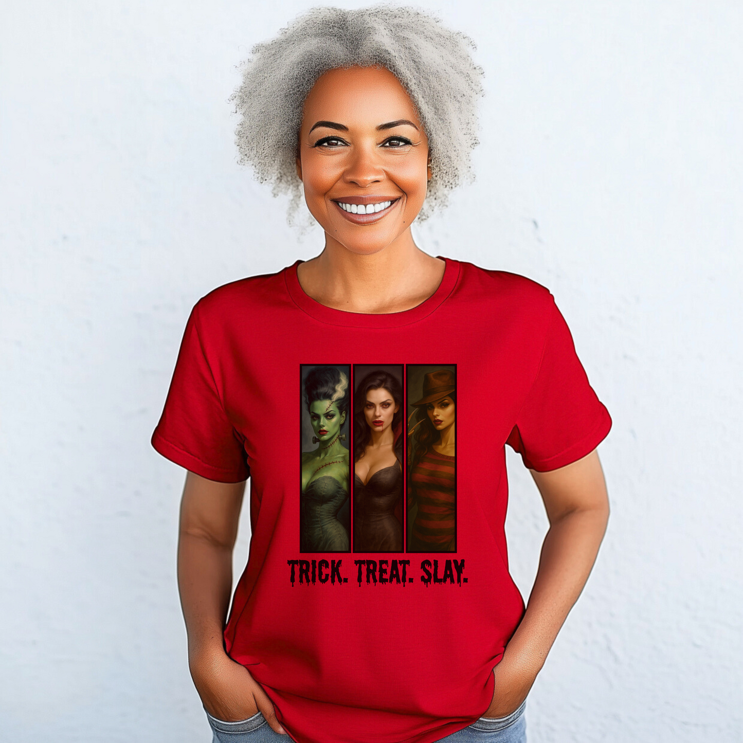 Trick. Treat. Slay. Halloween Shirt – Sexy Horror Icons Tee | Spooky Baddie T-Shirt | Bride, Vampire, Freddy-Inspired | Scary Hot Costume
