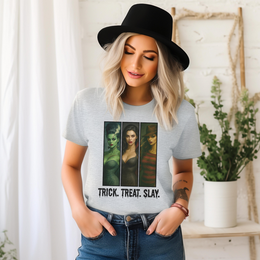 Trick. Treat. Slay. Halloween Shirt – Sexy Horror Icons Tee | Spooky Baddie T-Shirt | Bride, Vampire, Freddy-Inspired | Scary Hot Costume