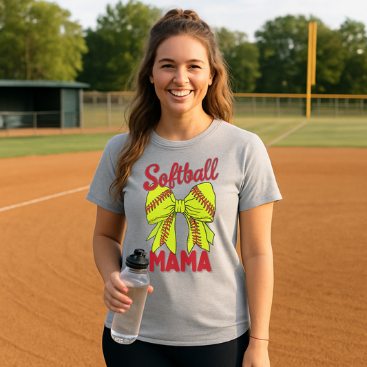 Softball Mama T-Shirt – Cute Hair Bow Graphic Tee for Proud Baseball & Softball Moms