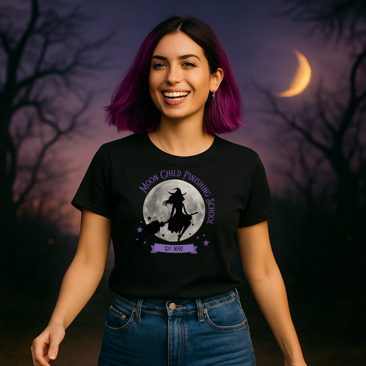 Moon Child Finishing School Est. 1692 | Cute Witchcore Broomstick T-Shirt for Spiritual Babes