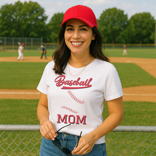 Baseball Mom T-Shirt – Classic Red Stitch Baseball Graphic Tee for Sports Moms