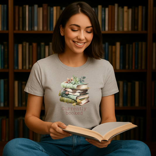 Currently Booked T-Shirt – Watercolor Book Stack Graphic Tee for Teachers, Librarians & Book Lovers