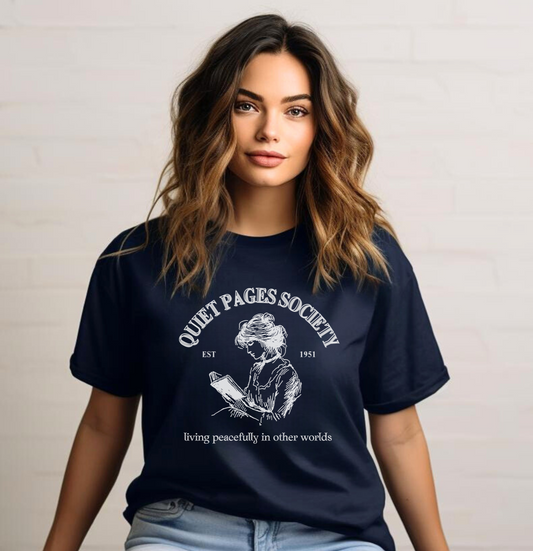 Quiet Pages Society T-Shirt – Literary Print – Bookish Aesthetic Shirt for Readers & Introverts