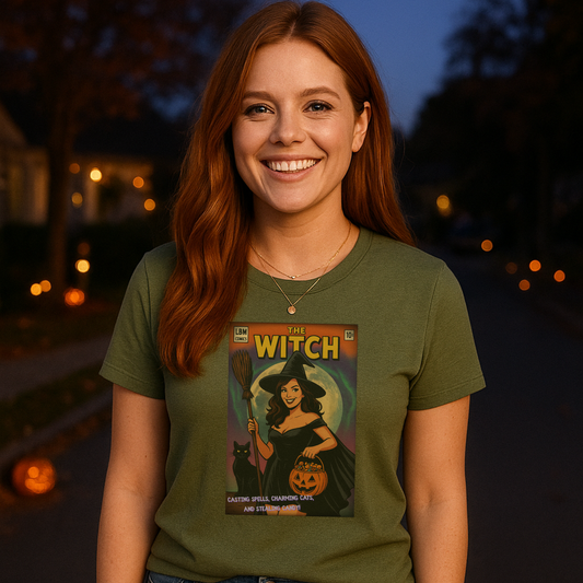 The Witch Graphic Tee – Vintage Comic Book Halloween Shirt, Vintage Style, Spooky Gift, Retro Witch Design