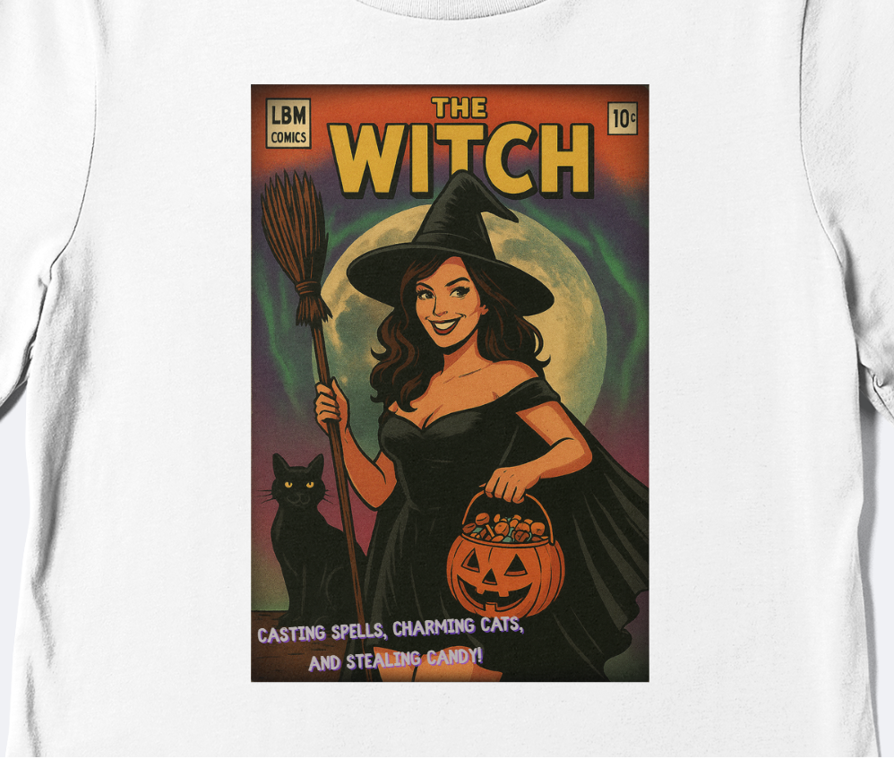 The Witch Graphic Tee – Vintage Comic Book Halloween Shirt, Vintage Style, Spooky Gift, Retro Witch Design