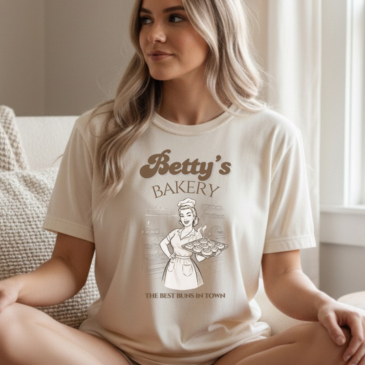 Betty’s Bakery Tee – The Best Buns in Town, Retro Pin-Up Graphic Shirt