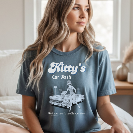 Kitty’s Car Wash Tee – We Know How to Handle Your Ride, Retro Car Wash Graphic Shirt