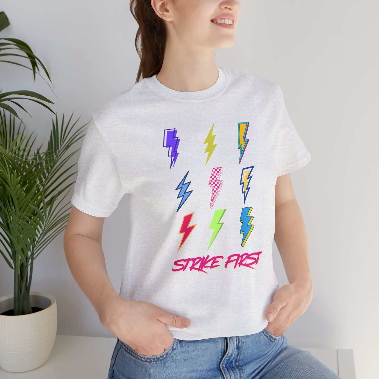 Strike First Lightning Bolt Grid Tee – Retro 90s Bold Thunder Aesthetic Shirt