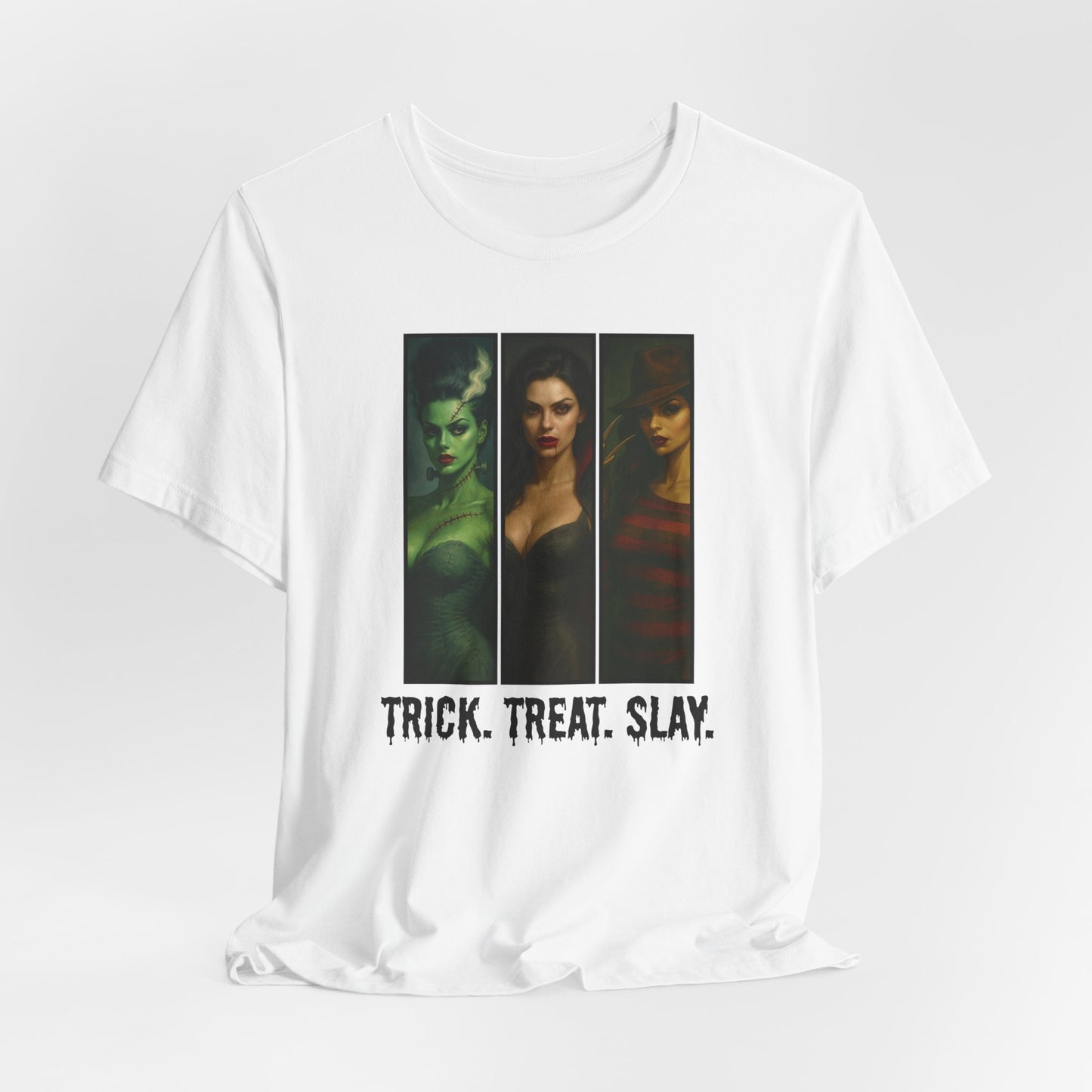 Trick. Treat. Slay. Halloween Shirt – Sexy Horror Icons Tee | Spooky Baddie T-Shirt | Bride, Vampire, Freddy-Inspired | Scary Hot Costume