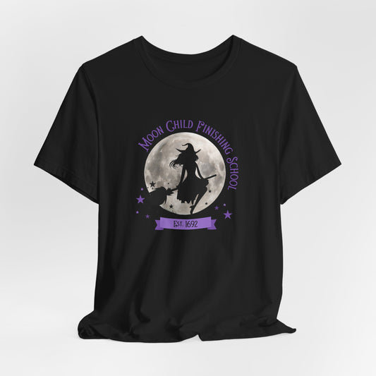 Moon Child Finishing School Est. 1692 | Cute Witchcore Broomstick T-Shirt for Spiritual Babes