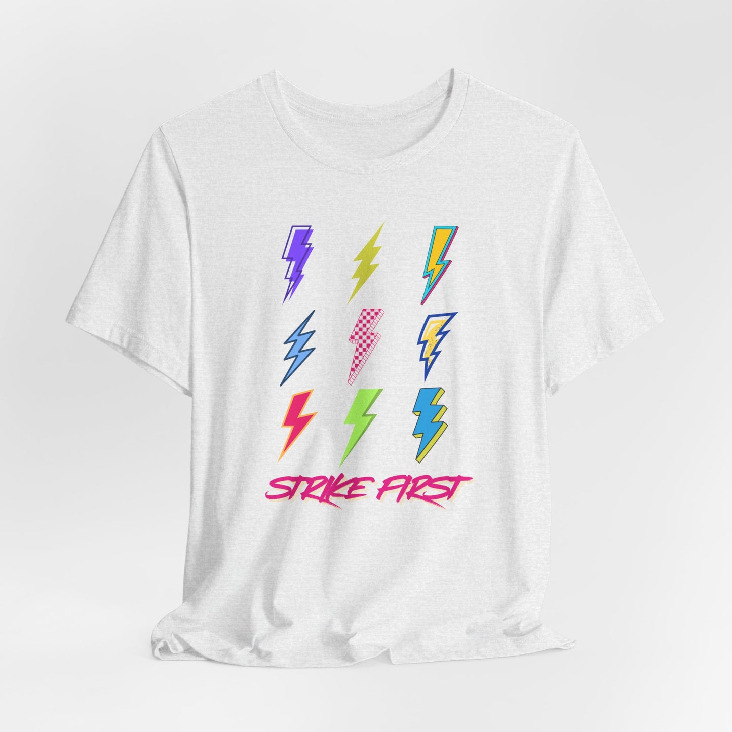 Strike First Lightning Bolt Grid Tee – Retro 90s Bold Thunder Aesthetic Shirt